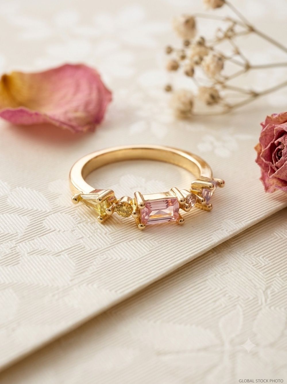 18K Gold Filled Ring with Pink, Purple, and Green Stones, NEW with Box Included